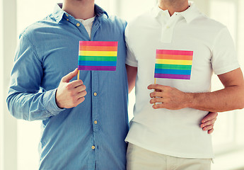 Image showing close up of male gay couple holding rainbow flags