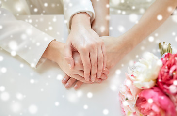 Image showing close up of happy lesbian couple with flowers