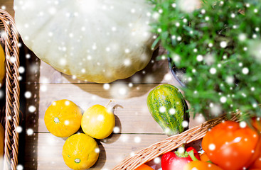 Image showing vegetables in baskets on table at market or farm