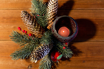 Image showing christmas fir branch decoration and candle lantern