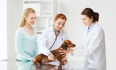 Image showing happy woman with dog and doctor at vet clinic