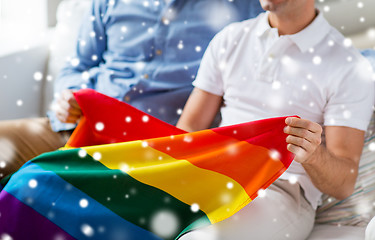 Image showing close up of male gay couple holding rainbow flag