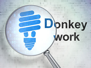 Image showing Business concept: Energy Saving Lamp and Donkey Work with optical glass