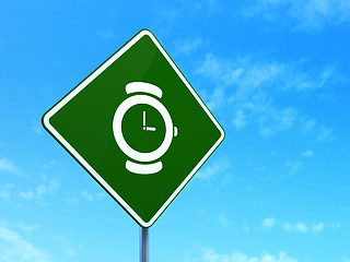 Image showing Timeline concept: Watch on road sign background