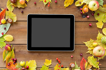 Image showing tablet pc with autumn leaves, fruits and berries