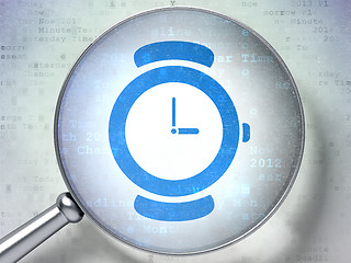 Image showing Time concept: Watch with optical glass on digital background