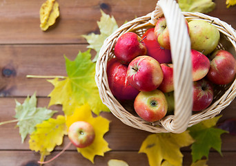 Image showing close up of basket with apples on wooden table