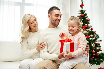 Image showing happy family at home with christmas gift box