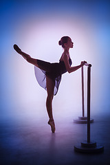 Image showing The young ballerina stretching on the bar 