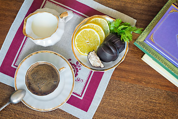 Image showing Still life : a Cup of black coffee on the table.