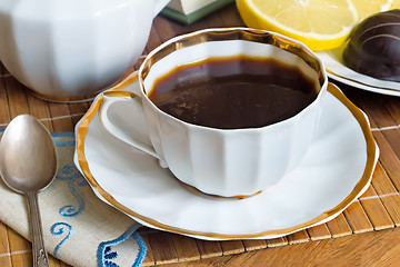 Image showing Still life : a Cup of black coffee on the table.