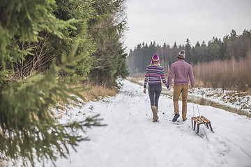 Image showing Young couple having a slaigh winter forest walk