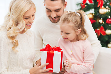 Image showing happy family at home with christmas gift box