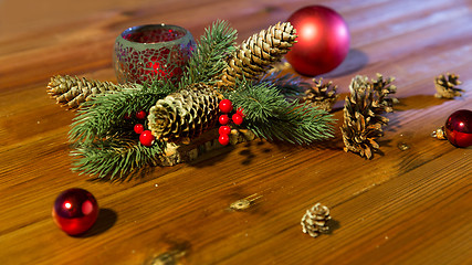 Image showing christmas fir branch decoration and candle lantern