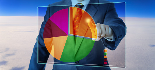 Image showing Manager Segmenting A Pie Chart High Above The Sky