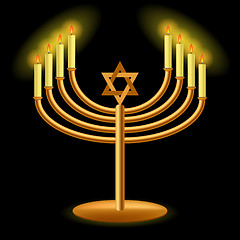 Image showing Gold Menorah with Burning Candles