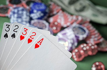 Image showing Card for poker in the hand, chips and card for poker