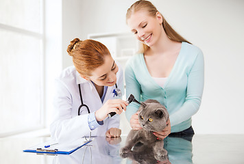 Image showing happy woman with cat and doctor at vet clinic