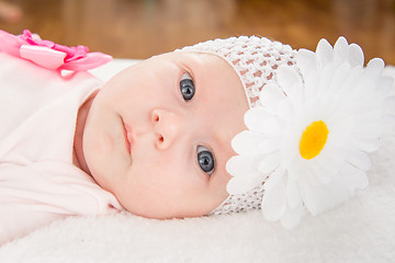 Image showing Portrait of a baby girl with a bandage on his head and a flower