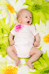 Image showing The two-month baby yawns lying on his back on the bed