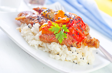 Image showing boiled rice with meat and vegetables