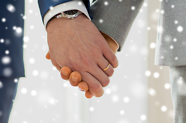 Image showing close up of male gay hands with wedding rings on