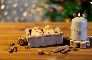 Image showing close up of christmas oat cookies on wooden table