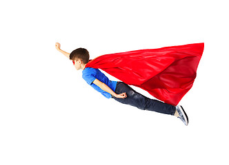 Image showing boy in red superhero cape and mask flying on air