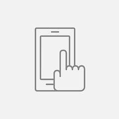 Image showing Finger pointing at smart phone line icon.