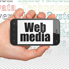 Image showing Web development concept: Hand Holding Smartphone with Web Media on display