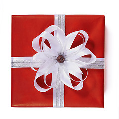 Image showing Red gift box with white ribbon bow