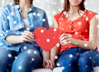 Image showing close up of happy lesbian couple with red hearts