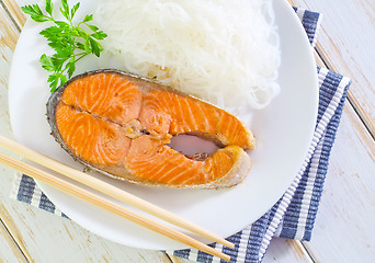 Image showing salmon with rice noodles