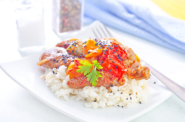 Image showing boiled rice with meat and vegetables