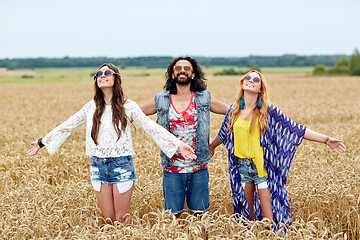 Image showing smiling young hippie friends on cereal field