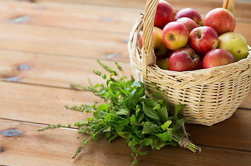 Image showing close up of melissa and basket with apples