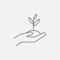 Image showing Hands holding seedling in soil line icon.