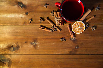 Image showing tea cup with winter spices on wooden table