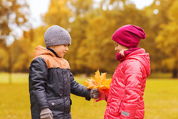 Image showing little boy giving autumn maple leaves to girl