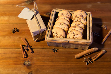 Image showing close up of christmas oat cookies on wooden table