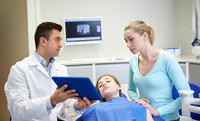 Image showing dentist showing tablet pc to girl and her mother