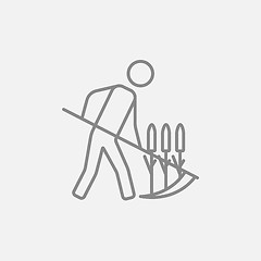 Image showing Man mowing grass with scythe line icon.