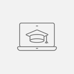 Image showing Laptop with graduation cap on screen line icon.