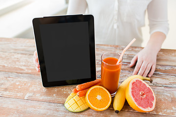 Image showing close up of woman hands with juice and fruits