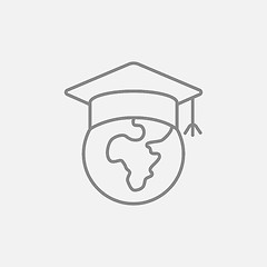 Image showing Globe in graduation cap line icon.