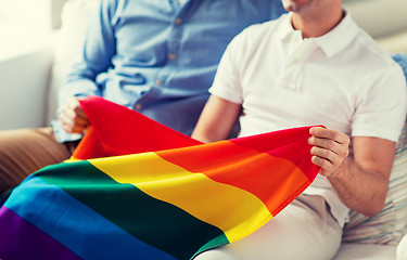 Image showing close up of male gay couple holding rainbow flag