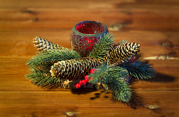 Image showing christmas fir branch decoration and candle lantern