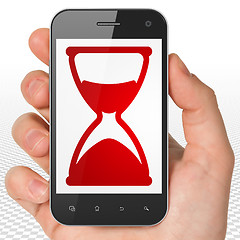 Image showing Timeline concept: Hand Holding Smartphone with Hourglass on display
