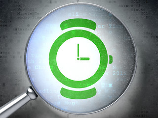 Image showing Time concept: Watch with optical glass on digital background