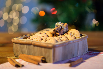 Image showing close up of christmas oat cookies on wooden table